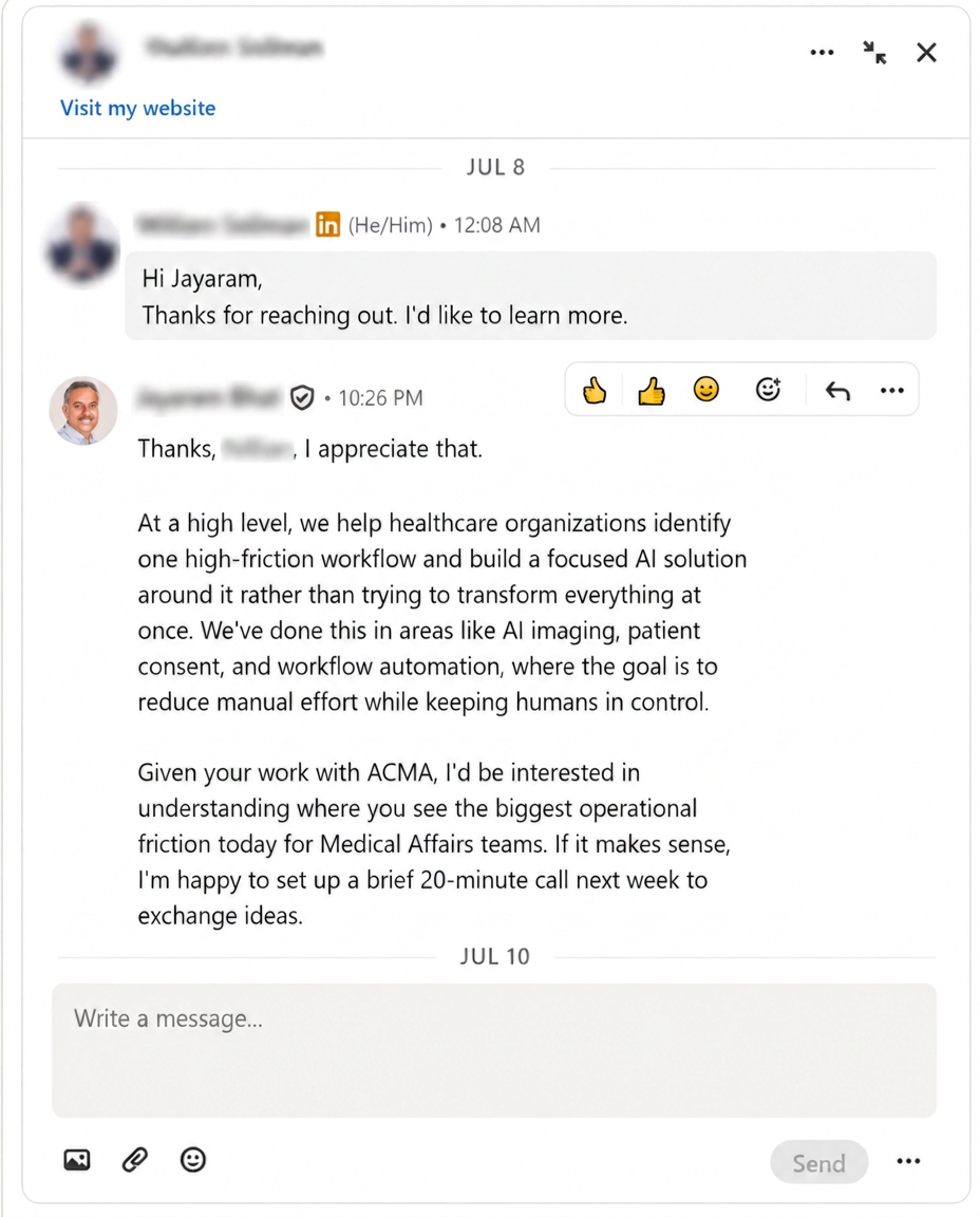 Healthcare decision-maker replies to cold outreach and asks to learn more.