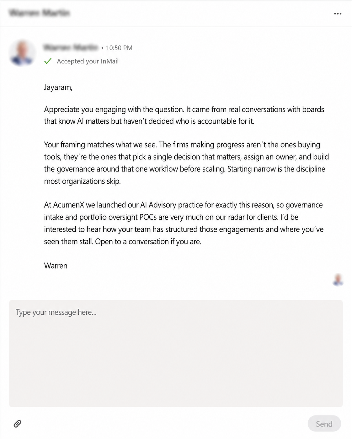 AI Advisory prospect accepts the InMail and opens a governance conversation.
